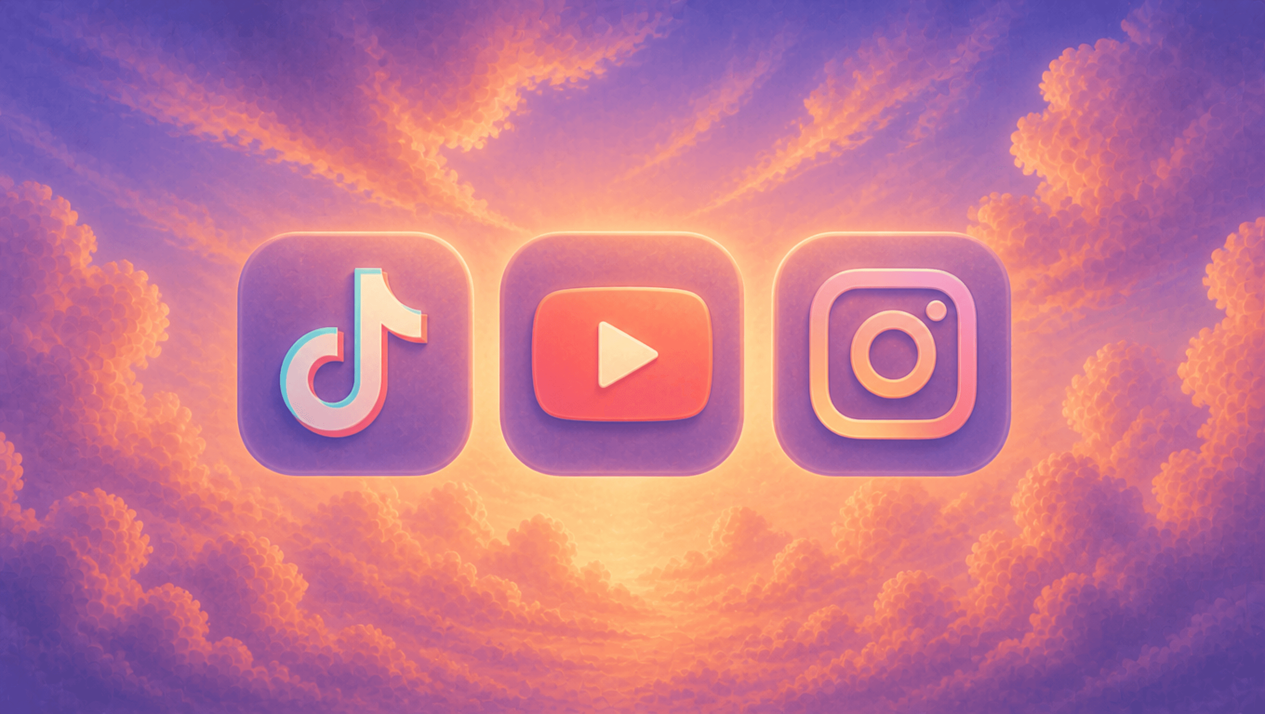 TikTok, YouTube, and Instagram icons in a purple and orange sky
