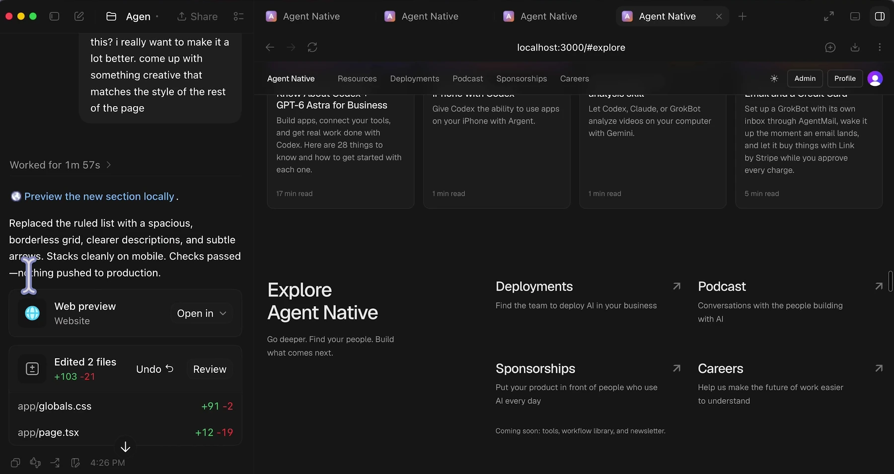 Codex editing Agent Native beside the local website preview.